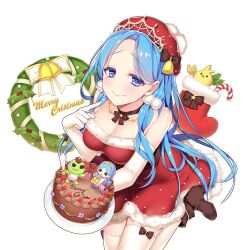 1girl alternate_costume bare_shoulders bell blue_eyes blue_hair blush boots bow breasts cake candy character_doll choker christmas cleavage closed_mouth collarbone doll dress earrings food fruit full_body fur_trim garter_straps gift giuniu gloves hair_ornament hat heart high_heel_boots high_heels holding jewelry kneeling large_breasts long_hair looking_at_viewer lying manjuu_(azur_lane) medium_breasts merry_christmas non-web_source purple_eyes red_dress ribbon sack santa_costume santa_hat sidelocks sitting sleeveless sleeveless_dress smile solo star_(symbol) thigh_strap thighhighs uchi_no_hime-sama_ga_ichiban_kawaii very_long_hair vivienne_(uchi_no_hime-sama_ga_ichiban_kawaii) white_background zettai_ryouiki