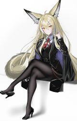 absurdres animal_ear_fluff animal_ears arknights black_coat black_jacket black_pantyhose black_shoes black_vest blonde_hair braid cabbage_ex closed_mouth coat coat_on_shoulders crossed_legs fox_ears fox_girl fox_tail hair_between_eyes hand_in_own_hair high_heels highres jacket long_hair looking_at_viewer necktie orange_eyes pantyhose red_necktie shirt shoes sidelocks single_braid sitting smile tail vest vulpisfoglia_(arknights) white_shirt