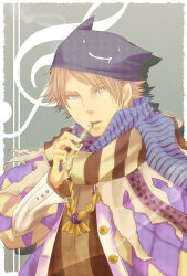 1boy argyle_clothes argyle_coat black_hat blue_scarf brown_hair brown_scarf brown_shirt coat commentary_request deviruchi_hat green_eyes grey_background hat holding holding_whistle looking_at_viewer male_focus minstrel_(ragnarok_online) open_mouth picojan_w purple_coat ragnarok_online scarf shirt short_hair solo striped_clothes striped_scarf treble_clef upper_body whistle