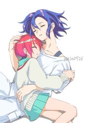 1boy 1girl amate_yuzuriha blue_hair closed_eyes gundam gundam_gquuuuuux hetero highres hug long_sleeves lying lying_on_person on_back on_side red_hair school_uniform shirt short_hair shuji_ito sia0926 simple_background skirt sleeping sweater white_background white_shirt