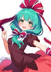 Rule 34 | 1girl, :d, absurdres, blush, breasts, frilled ribbon, frills, green eyes, green hair, hair ribbon, hashtag-only commentary, highres, kagiyama hina, long hair, looking at viewer, open mouth, red shirt, red skirt, ribbon, ryu160303, shirt, simple background, skirt, small breasts, smile, solo, touhou, upper body, white background