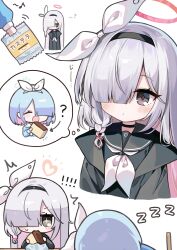 ! !! ...? 2girls :d ? absurdres arona_(blue_archive) black_choker black_hairband black_sailor_collar black_shirt blue_archive blue_hair blue_shirt blush bow_hairband choker closed_eyes closed_mouth cropped_torso eating food grey_eyes hair_over_one_eye hairband halo hashtag-only_commentary heart highres holding holding_food long_sleeves multiple_girls neckerchief open_mouth pink_halo plana_(blue_archive) pudding_(skymint_028) sailor_collar shirt short_hair simple_background smile speech_bubble thought_bubble translated white_background white_hairband white_neckerchief white_sailor_collar zzz