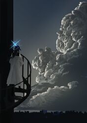 1girl absurdres baseball_cap blue_archive blue_halo cityscape climbing_ladder cloud coat commentary_request cumulonimbus_cloud facing_away halo hat highres kani_etizen03 saori_(blue_archive) scenery sky skyline spiral_staircase stairs white_coat