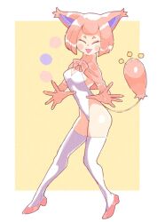 1girl ^_^ animal_ears capelet cat_ears cat_girl cat_tail closed_eyes elbow_gloves gen_3_pokemon gloves hands_up highres inkerton-kun leotard nintendo open_hands open_mouth personification pink_capelet pink_gloves pink_hair pink_shoes pokemon shoes short_eyebrows short_hair skitty smile solo strapless strapless_leotard tail thighhighs white_leotard white_thighhighs
