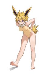 1girl animal_ears bare_legs barefoot blonde_hair breasts closed_mouth commentary_request covered_erect_nipples eyelashes feet full_body gen_1_pokemon hair_between_eyes hand_on_own_hip highres jolteon knees leaning_forward leotard nihu nintendo personification pokemon purple_eyes solo spiked_hair standing tail toes white_background yellow_leotard