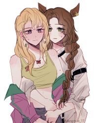 2girls animal_ears blonde_hair blonney blush braid brown_hair closed_mouth commentary_request crop_top dangmoo_17 deer_ears ear_blush ear_tag full-face_blush green_eyes green_tank_top highres holding_another&#039;s_wrist jacket jessica_(reverse:1999) korean_commentary long_hair multiple_girls off_shoulder purple_jacket reverse:1999 shirt simple_background single_braid sweat tank_top twitter_username white_background white_shirt yuri