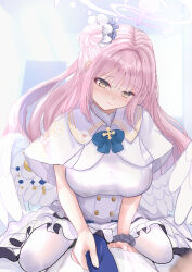 1boy 1girl absurdres blue_archive blue_flower blue_necktie blush capelet closed_mouth dress feathered_wings flower hair_bun hair_flower hair_ornament hair_scrunchie halo highres long_hair looking_at_viewer matudo_yuu mika_(blue_archive) necktie pantyhose pink_hair pink_halo pout pov scrunchie shirt sidelocks single_side_bun sitting sitting_on_person white_capelet white_dress white_pantyhose white_scrunchie white_shirt wings yellow_eyes