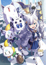 1girl ahoge animal_ear_fluff animal_ear_piercing animal_ears aqua_eyes black_tail blue_skirt bodice bow_ring braid checkered_floor corset crocodile crocodilian crown extra_ears floating_crown four-leaf_clover_print fox_ears fox_girl fox_tail framed_breasts frilled_shrug fubuchun fubuzilla_(shirakami_fubuki) full_body gold_crown gold_sleeve_cuffs gold_wrist_cuffs highres hololive indoors layered_skirt long_hair long_sleeves mini_crown miteiru_(shirakami_fubuki) multicolored_tail nejima_kitsune_(shirakami_fubuki) official_alternate_costume official_alternate_hairstyle oruyanke_(shirakami_fubuki) pentagram puffy_sleeves ribbed_thighhighs shirakami_fubuki shirakami_fubuki_(saint) shirt sidelocks skirt smile stone_pillar sukonbu_(shirakami_fubuki) tail thighhighs tokumaro virtual_youtuber white_corset white_hair white_shirt white_tail