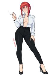 1girl absurdres black_pants braid braided_ponytail celebelian chainsaw_man collared_shirt formal_clothes highres long_sleeves looking_at_viewer makima_(chainsaw_man) medium_hair one_eye_closed open_clothes open_shirt pants photoshop_(medium) red_hair ringed_eyes shirt shirt_tucked_in sidelocks simple_background smoking solo white_background white_shirt yellow_eyes