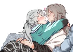 Rule 34 | 2girls, arms around neck, between legs, blue shirt, chardtalon, closed eyes, closed mouth, commentary, earrings, firefly (honkai: star rail), grey hair, grin, hands on another&#039;s waist, heart, highres, honkai: star rail, honkai (series), hug, jewelry, long hair, long sleeves, looking at another, multiple girls, pants, parted lips, plaid clothes, plaid pants, shirt, simple background, smile, stelle (honkai: star rail), trailblazer (honkai: star rail), white background, yellow eyes, yuri