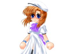 1girl beret black_thighhighs blue_eyes blush bow bowtie bracelet breasts closed_mouth dress eyes_visible_through_hair game_cg hair_between_eyes hat higurashi_no_naku_koro_ni jewelry large_variant_set light_frown medium_breasts multiple_bracelets no_nose orange_hair parted_bangs purple_bow purple_bowtie ryukishi07 ryuuguu_rena short_hair short_sleeves thighhighs variant_set white_dress white_hat
