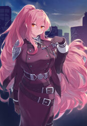 1girl absurdres armor belt black_gloves breasts building dress duel_monster exosister_martha gloves hair_between_eyes hair_ornament highres holding holding_jewelry holding_necklace jewelry kanzakietc large_breasts long_dress long_hair long_sleeves necklace night night_sky orange_eyes pink_hair purple_dress shoulder_armor sky solo yu-gi-oh!