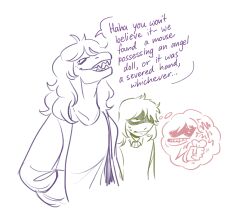 1girl 1other angry annoyed bright-goat clenched_hand clenched_teeth collared_shirt deltarune freckles height_difference highres imagining jacket kris_(deltarune) long_hair messy_hair open_clothes open_jacket reptile_girl shaded_face sharp_teeth shirt sketch soul_(deltarune) speech_bubble squeezing susie_(deltarune) sweatdrop sweater teeth thought_bubble wavy_hair