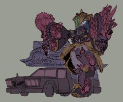 blue_eyes car flat_color grey_background highres humine_no66 jiangshi mecha motor_vehicle outstretched_arms robot simple_background wheel zombie_pose