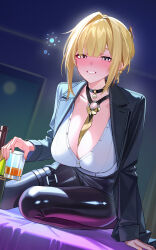 Rule 34 | 1girl, absurdres, alternate costume, between breasts, black choker, black jacket, black pants, blonde hair, bottle, breasts, choker, cleavage, commentary, cup, drinking glass, drunk, earrings, evelyn chevalier, highres, holding, holding cup, indoors, jacket, jewelry, large breasts, latex pants, looking at viewer, mole, mole under eye, neckerchief, necktie, necktie between breasts, pants, parted lips, purple eyes, shirt, short hair, sitting, smile, solo, squeans, white shirt, yellow neckerchief, yueyueyue yao, zenless zone zero