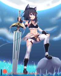 1girl 1other alternate_breast_size animal_ears armpits artist_name belt black_gloves black_hair black_shirt black_shorts blue_eyes breasts cat_ears cat_girl crop_top detached_sleeves fran_(tensei_shitara_ken_deshita) full_body full_moon gloves grass hair_between_eyes hand_on_own_knee holding holding_sword holding_weapon lips looking_ahead medium_breasts medium_hair moon navel no_tail nuenya open_mouth partially_fingerless_gloves planted planted_sword planted_weapon rock shirt shishou_(tensei_shitara_ken_deshita) shorts standing_on_rock stomach sword tensei_shitara_ken_deshita thigh_belt thigh_strap thighhighs triangle_mouth weapon white_thighhighs