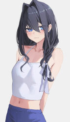 1girl absurdres alternate_breast_size arms_behind_back black_hair blue_pants breasts camisole closed_mouth hair_intakes hair_ribbon highres hololive hololive_english light_smile long_hair looking_at_viewer navel ouro_kronii pants ribbon simple_background small_breasts solo virtual_youtuber white_background white_camisole white_ribbon yoellim5