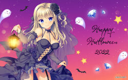 Rule 34 | 1girl, 2022, alternate costume, ambitious mission, arisue tsukasa, bare shoulders, bat (animal), black choker, black dress, black flower, black rose, blonde hair, blue eyes, blush, breasts, choker, closed mouth, collarbone, colored eyelashes, company name, cowboy shot, cross, cross earrings, dark-skinned female, dark skin, dated, detached sleeves, diamond (gemstone), dress, dress flower, earrings, eyelashes, flower, frilled choker, frills, garter straps, ghost, gothic lolita, gradient background, hair between eyes, hair flower, hair intakes, hair ornament, halloween, halloween costume, hand up, happy halloween, highres, holding, holding lantern, hongou nijimu, hoop earrings, jewelry, lantern, large breasts, lips, lolita fashion, long hair, looking at viewer, no bra, official art, official wallpaper, one side up, purple background, rose, simple background, skirt hold, sleeveless, sleeveless dress, smile, solo, star (symbol), stud earrings