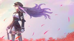 1girl 86_-eightysix- absurdres black_collar black_dress black_hat black_thighhighs collar commentary commentary_request cosplay dress english_commentary falling_petals flower garter_straps gloves hat highres holding holding_sword holding_weapon long_hair long_sleeves looking_to_the_side mikure_narin military_hat military_uniform mixed-language_commentary parted_lips petals profile purple_eyes purple_hair red_flower red_petals short_dress sleeves_rolled_up sowon_(sowonhae) standing sword thighhighs thighs virtual_youtuber vladilena_millize vladilena_millize_(cosplay) vspo! vspo!_en weapon white_gloves wind yellow_collar