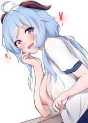 Rule 34 | 1girl, ahoge, blue hair, breasts, bush, dermar, flashing, ganyu (genshin impact), genshin impact, heart, highres, horns, large breasts, long hair, looking at viewer, nipples, one breast out, open clothes, open mouth, open shirt, oppai challenge, purple eyes, shirt, short sleeves, sidelocks, signature, simple background, smile, solo, uniform, white background, white shirt