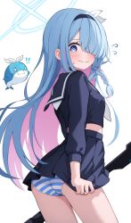 ! !! 1girl @_@ absurdres black_hairband black_sailor_collar black_serafuku black_shirt black_skirt blue_archive blue_eyes blue_hair blue_halo blue_panties blush braid breasts closed_mouth colored_inner_hair commentary cosplay cowboy_shot flying_sweatdrops general_student_council_president_(blue_archive) hair_over_one_eye hairband halo highres long_hair long_sleeves miniskirt multicolored_hair neckerchief panties pink_hair plana_(blue_archive) plana_(blue_archive)_(cosplay) pleated_skirt puffy_long_sleeves puffy_sleeves sailor_collar school_uniform serafuku shijima_(shijima_tc) shirt side_braid simple_background single_braid skirt small_breasts solo striped_clothes striped_panties sweat tearing_up tears two-tone_hair undersized_clothes underwear very_long_hair wavy_mouth white_background white_neckerchief
