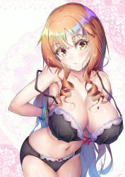 1girl black_bra black_panties blue_hair blush bra breasts cleavage closed_mouth collarbone commentary_request cowboy_shot drill_hair drill_sidelocks gradient_hair hair_ornament heart heart_hair_ornament highres lace lace-trimmed_bra lace_trim large_breasts legs_together long_hair looking_at_viewer mole mole_on_breast multicolored_hair natsusora_aona novady orange_hair original panties removing_bra_under_shirt sidelocks standing stomach two-tone_hair underwear very_long_hair white_background yellow_eyes