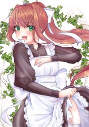 1girl :d absurdres apron apron_lift black_dress blush bow branch brown_hair clothes_lift cowboy cowboy_western doki_doki_literature_club dress dress_lift eyelashes eyes_visible_through_hair floating_hair frilled_apron frills garter_belt garter_straps green_eyes hair_bow hand_on_own_chest happy head_tilt highres ivy juliet_sleeves leaning_back lifting_own_clothes long_hair long_sleeves looking_at_viewer looking_to_the_side maid maid_apron mi_tarou0412 monika_(doki_doki_literature_club) multicolored_clothes open_mouth plant ponytail puffy_sleeves sidelocks simple_background smile solo sparkle thighs tongue very_long_hair western white_apron white_background white_bow white_garter_belt white_garter_straps