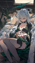 1girl absurdres animal_ears bathtub black_choker black_dress blue_archive breasts cactus choker cleavage closed_eyes closed_mouth cross_hair_ornament dark_halo dress extra_ears from_above grey_hair hair_flowing_over hair_ornament hair_spread_out halo highres in_bathtub long_hair medium_breasts omurice_(304975636) sand shiroko_(blue_archive) shiroko_terror_(blue_archive) solo thigh_strap tile_wall tiles very_long_hair white_hair window wolf_ears wolf_girl