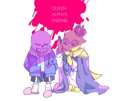1boy 1girl alphys beryllium_game black_shorts blue_hoodie cape closed_eyes crown english_text hands_in_pockets holding holding_phone hood hoodie lizard_tail open_clothes open_hoodie phone pink_slippers purple_cape reptile_girl sans_(undertale) shirt shorts skeleton slippers smile socks tail undertale white_shirt white_socks