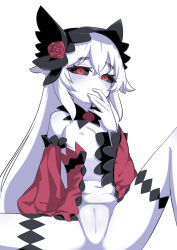 1girl black_sclera borrowed_character colored_sclera colored_skin detached_sleeves expressionless flat_chest flower hair_flower hair_ornament highres loli long_hair looking_at_viewer nipples null-chan_(mattyan) original patotyan pussy red_eyes simple_background sitting solo spread_legs white_background white_hair white_skin