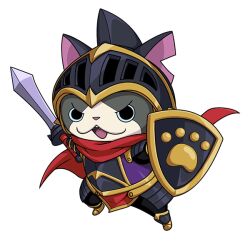 Rule 34 | black helmet, cape, helmet, holding, holding shield, holding sword, holding weapon, kuro nyankishi, no humans, notched ear, official art, open mouth, red cape, shield, simple background, solo, sword, transparent background, weapon, youkai (youkai watch), youkai watch