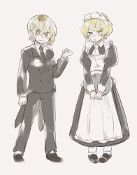 Rule 34 | 1boy, 1girl, alternate costume, apron, ascot, black dress, black necktie, black pants, black suit, blonde hair, brown shoes, butler, collared dress, collared shirt, crossdressing, don quixote (project moon), dress, enmaided, female butler, formal clothes, full body, highres, holding, holding tray, juliet sleeves, kojocho05, limbus company, long sleeves, looking at viewer, maid, maid apron, maid headdress, male maid, necktie, pants, project moon, puffy sleeves, shirt, shoes, short hair, simple background, sinclair (project moon), standing, suit, tailcoat, tray, tuxedo, white apron, white ascot, white background, white shirt, yellow eyes