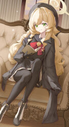 1girl absurdres black_gloves black_hat black_jacket black_pantyhose black_shirt black_skirt blonde_hair blue_archive book boots couch dandandan668 fluffy_hair gloves green_eyes hat highres holding holding_book indoors jacket long_hair looking_at_viewer on_couch pantyhose professor_niyaniya_(blue_archive) shirt sidelocks sitting skirt smile solo white_boots