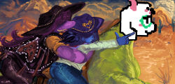 1boy 1girl 1other absurdres black_hat blue_skin blush colored_skin cowboy_hat cowboy_western cowgirl_(western) deltarune furry furry_female glasses goat hair_over_eyes hat highres horns horse horseback_riding kris_(dark_world)_(deltarune) kris_(deltarune) kris_(ralsei_rancher)_(deltarune) long_hair official_alternate_costume painterly pankerdotpng pointing purple_skin ralsei ralsei_rancher riding sharp_teeth susie_(dark_world)_(deltarune) susie_(deltarune) susie_(ralsei_rancher)_(deltarune) teeth vest