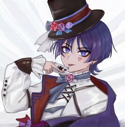 1boy alternate_costume blunt_ends bow bright_pupils brown_hat card collar cross-laced_clothes cross-laced_top delisha_lia earrings facial_mark flower frilled_collar frilled_sleeves frills genshin_impact grey_bow hand_up hat hat_bow hat_flower heart heart_facial_mark highres holding holding_card jacket jewelry lapels long_sleeves male_focus pink_flower pink_rose portrait purple_eyes purple_flower purple_hair purple_jacket purple_rose purple_trim red_flower red_jacket red_rose rose scaramouche_(genshin_impact) shirt signature solo tongue tongue_out top_hat tsurime two-sided_fabric two-sided_jacket white_background white_bow white_pupils white_shirt white_sleeves wispy_bangs