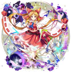 1girl alternate_hair_color ascot belt blonde_hair blue_ascot bow closed_mouth detached_sleeves frilled_bow frilled_hair_tubes frills game_cg gohei hair_bow hair_tubes hakurei_reimu highres holding holding_gohei long_hair looking_at_viewer midriff navel official_art orb red_bow red_eyes red_skirt ribbon-trimmed_sleeves ribbon_trim rotte_(1109) shoes skirt skirt_set solo third-party_source touhou touhou_lostword transparent_background yin_yang yin_yang_orb