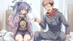 1boy 1girl ^_^ alternate_costume bed bed_sheet bedroom black_dress black_pants blue_archive blurry blush cabinet cameo cardigan clenched_hand closed_eyes commentary_request crossover depth_of_field dress embarrassed forehead gakuran hair_between_eyes hair_ornament halo highres hood hooded_cardigan indoors itadori_yuuji jujutsu_kaisen korokoro_nekoz laughing long_hair long_sleeves looking_at_another multicolored_hair on_bed open_cardigan open_clothes pants parted_bangs peroro_(blue_archive) picture_frame pointing purple_cardigan purple_eyes purple_hair red_hair school_uniform sensei_(blue_archive) short_dress sidelocks sitting stuffed_animal stuffed_bird stuffed_toy sweatdrop toudou_aoi_(jujutsu_kaisen) trembling triangle_hair_ornament two-tone_hair two_side_up window yuuka_(blue_archive)