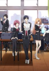 10s 2boys 3girls absurdres arm_support black_dress black_hair black_jacket black_legwear black_pants blue_hair bow bowtie chaos;child dress full_body glasses hand_in_pocket headphones highres holding holding_pen indoors itou_shinji jacket kazuki_hana kurusu_nono light_brown_hair long_hair looking_back miyashiro_takuru multiple_boys multiple_girls necktie official_art onoe_serika pants parted_lips pen pink_hair red_bow red_bowtie red_necktie school school_uniform shirt short_dress short_hair short_hair_with_long_locks sidelocks silver_link sitting standing thighhighs very_long_hair white_shirt zettai_ryouiki