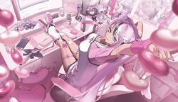 Rule 34 | 1girl, absurdres, ahoge, arm behind head, arm warmers, arms up, asymmetrical legwear, bandaid, black choker, black streaks, bow, breasts, can, chair, choker, commentary, computer, computer keyboard, computer mouse, crossed legs, drawer, english commentary, fingernails, frilled thigh strap, from above, hair ornament, handheld game console, headphones, heart, heart-shaped pillow, heart choker, highres, indie virtual youtuber, large breasts, legs on table, lipstick, long fingernails, long hair, looking at viewer, loose socks, makeup, microphone, mirukugatsu, mismatched legwear, monitor, multicolored hair, multicolored shoes, nomu (29 nom), pillow, pink bow, pink hair, pink shirt, pink shoes, pink socks, pink theme, poster (object), purple eyes, screen, second-party source, shirt, shoes, short sleeves, single arm warmer, single fishnet armwear, single fishnet legwear, sitting, smile, socks, solo, sprinkle hershy, streaked hair, striped clothes, striped socks, stuffed toy, tail, thigh strap, two-tone shirt, two-tone shoes, vertical-striped clothes, vertical-striped socks, very long hair, virtual youtuber, wand, white shirt, white shoes, white socks, white streaks, x hair ornament