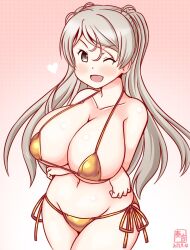 Rule 34 | 1girl, alternate costume, arms under breasts, artist logo, bikini, breasts, brown eyes, cleavage, conte di cavour (kancolle), covered erect nipples, cowboy shot, crossed arms, dated, gold bikini, gradient background, grey hair, hair between eyes, kanon (kurogane knights), kantai collection, large breasts, logo, long hair, loose hair strand, one-hour drawing challenge, one eye closed, pink background, side-tie bikini bottom, solo, swimsuit, two side up