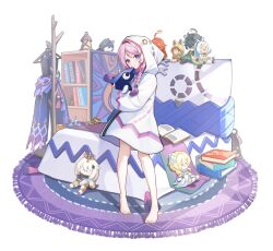 Rule 34 | &gt; &lt;, 1girl, :&lt;, :d, absurdres, ahoge, barefoot, bed, black leotard, blue eyes, blush, book, bookshelf, braid, character doll, citlali (genshin impact), closed mouth, commentary request, cosmetics, doll, genshin impact, highres, holding, itzpapa (genshin impact), kachina (genshin impact), kinich (genshin impact), leotard, long hair, looking at viewer, lumine (genshin impact), mavuika (genshin impact), mualani (genshin impact), nail polish bottle, onesie, open mouth, ororon (genshin impact), paimon (genshin impact), pajamas, pink hair, pink pupils, prana (prana12), smile, twin braids, unworn leotard, white pajamas, xd