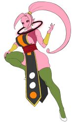 absurdres arm_up armlet black_halo black_sclera bottomless bracelet breasts clothes_lift colored_sclera colored_skin dragon_ball dragon_ball_super earrings female_majin godvore green_thighhighs halo hand_on_own_leg high_heels highres jewelry large_breasts long_hair looking_at_viewer muscular no_pants pelvic_curtain pink_hair pink_skin pointy_ears ponytail red_eyes red_shirt shirt shirt_lift sideboob sidelocks simple_background sleeveless smile thick_thighs thighhighs thighs vados_(dragon_ball) white_background