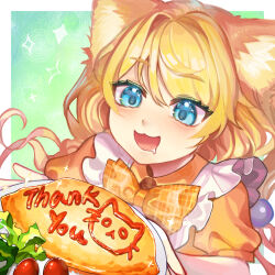 1girl :3 animal_ears blonde_hair blue_eyes bow bowtie cat_ears cat_girl cherry_tomato commentary_request drooling food hair_bobbles hair_ornament highres holding holding_plate lomelody1 long_hair omelet omurice open_mouth original plaid_bow plaid_bowtie plaid_clothes plate smile solo sparkle thank_you tomato