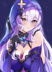 1girl absurdres between_breasts black_gloves black_swan_(honkai:_star_rail) breasts card card_between_breasts cleavage commentary_request dress gloves highres honkai:_star_rail honkai_(series) large_breasts long_hair multicolored_eyes parika purple_background purple_dress purple_hair purple_veil smile solo two-tone_eyes upper_body veil very_long_hair