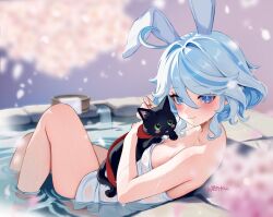 1girl animal animal_ears black_cat blue_eyes blue_hair blush breasts cat cherry_blossoms commentary commission cowlick drop-shaped_pupils eyelash_ornament furina_(genshin_impact) genshin_impact heterochromia highres holding holding_animal holding_cat looking_at_viewer lying multicolored_hair naked_towel on_back onsen partially_submerged rabbit_ears reclining rrr_gns_(riuriu_1212) second-party_source short_hair small_breasts smile solo streaked_hair symbol-shaped_pupils towel wavy_hair wet_towel