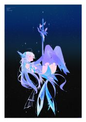 1girl absurdres azurelight_(genshin_impact) character_name closed_eyes dio_knarf dress genshin_impact grey_hair hair_between_eyes hair_ornament high_heels highres legs_up long_hair night prosthesis prosthetic_arm prosthetic_leg skirk_(genshin_impact) sky solo sparkle star_(sky) starry_sky sword weapon white_dress