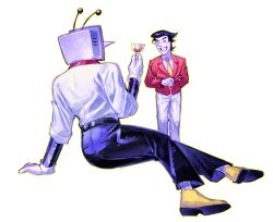 Rule 34 | 2boys, ant tenna, ardumon0, black hair, black pants, closed eyes, colored skin, commentary, crt, cup, deltarune, drinking glass, english commentary, gloves, highres, holding, holding cup, humanoid robot, jacket, long nose, male focus, mechanical arms, multiple boys, necktie, object head, outline, pants, pointy nose, red jacket, robot, shirt, shirt tucked in, shoes, short hair, simple background, smile, spamton g. spamton, spamton g. spamton (big shot), teeth, white background, white gloves, white pants, white shirt, white skin, wine glass, yellow necktie, yellow outline, yellow shoes