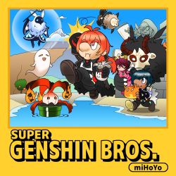 1girl 2boys abyss_mage_(genshin_impact) alternate_costume arm_up arms_up aura black_coat black_footwear black_hair black_pants box_art braid bridge carrying castle chibi cliff coat commentary_request cosplay cover crown derivative_work diluc_(genshin_impact) elbow_gloves english_text eyepatch fake_box_art famicom fire floating full_body fur_scarf game_console genshin_impact ghost gloves grey_eyes hair_between_eyes highres hilichurl_(genshin_impact) holding holding_mushroom holding_wand imtmcomics jumping kaeya_(genshin_impact) lake long_hair long_sleeves low_ponytail m/ mario_(series) mitachurl_(genshin_impact) mountainous_horizon multiple_boys mushroom necktie nintendo pants parody ponytail princess_peach princess_peach_(cosplay) red_eyes red_hair river rosaria_(genshin_impact) short_hair short_hair_with_long_locks sidelocks slime_(genshin_impact) statue style_parody super_mario_bros._1 tree twin_braids venti_(genshin_impact) video_game_cover video_game_cover_redraw vision_(genshin_impact) walking wand warp_pipe white_gloves whopperflower_(genshin_impact) windmill