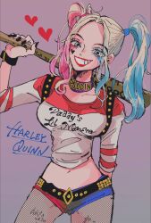 1girl baseball_bat belt black_nails blonde_hair blue_eyeshadow blue_hair blue_shorts bracelet character_name choker commentary_request crop_top dc_comics eyelashes eyeshadow fishnet_pantyhose fishnets hair_tie harley_quinn heart hebi_d_hebi highres holding holding_baseball_bat jewelry looking_at_viewer makeup navel pantyhose purple_choker red_eyeshadow red_shorts short_shorts shorts sidelocks smile solo twintails two-tone_shorts