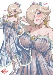1girl blonde_hair blue_eyes blush breasts brooch crown dress earrings female_focus hair_over_one_eye highres holding holding_wand jewelry large_breasts long_hair mario_(series) mini_crown multiple_views nail_polish navel nintendo rosalina see-through_clothes see-through_dress star_(symbol) star_brooch star_earrings star_wand toggy_keiichi tongue tongue_out wand